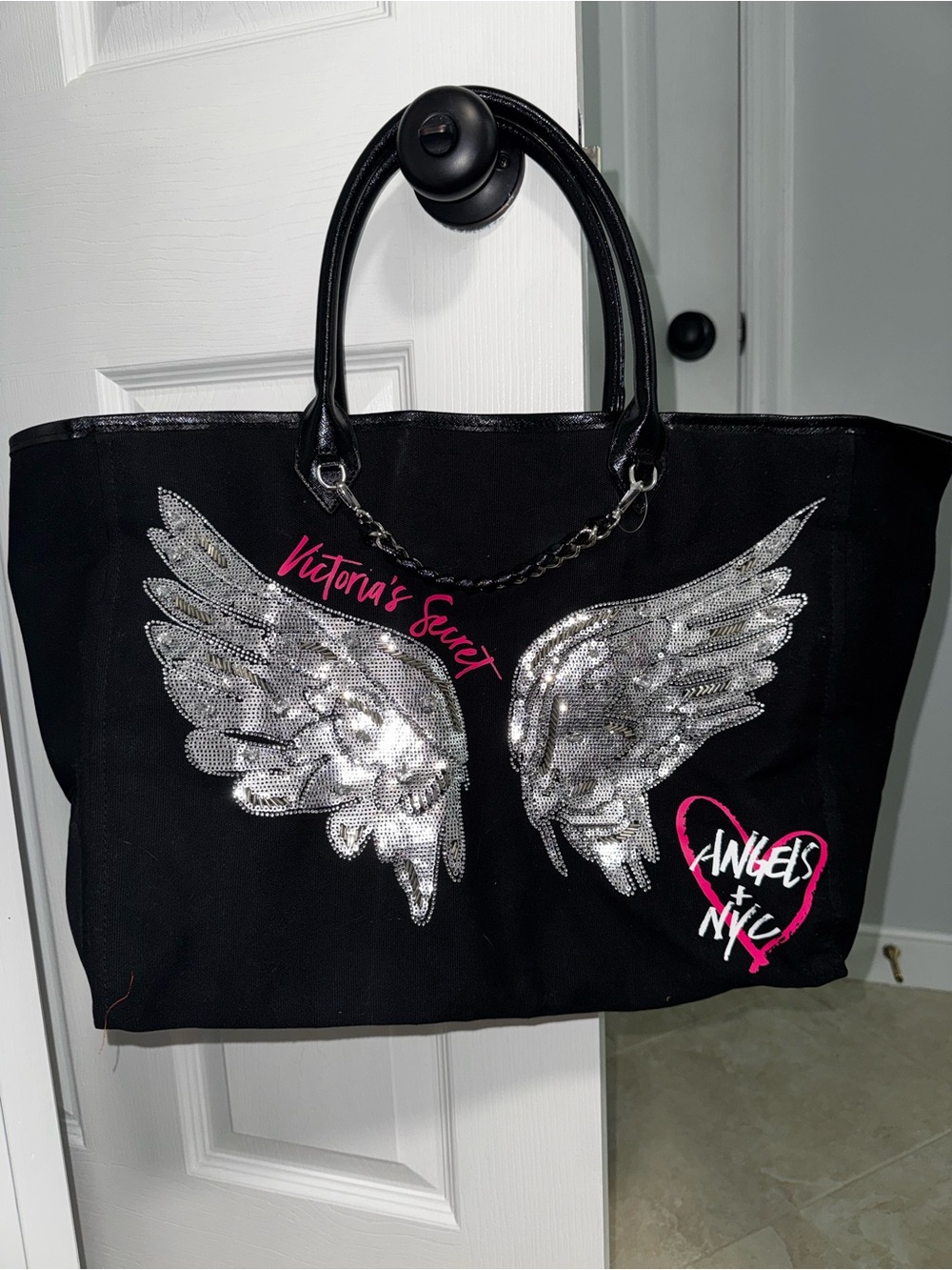 Victoria's Secret Black Tote with Silver Sequin Wings and Pink Logo